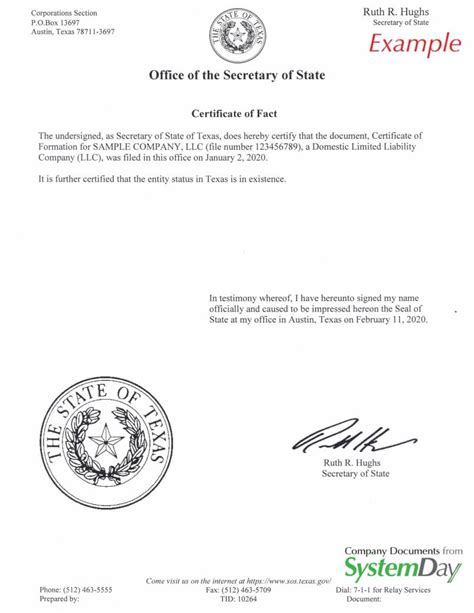 Texas Certificate Of Good Standing Certificate Of Fact