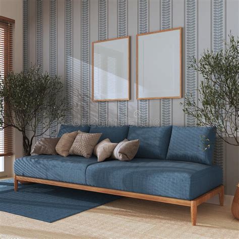 Japandi Living Room With Frame Mockup In Blue Tones Fabric Sofa With