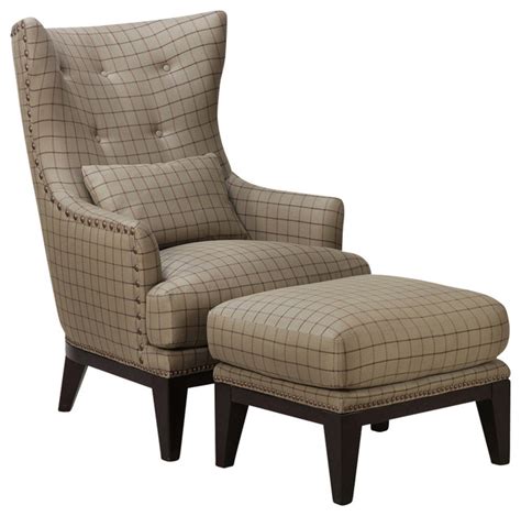 Simon Li Fabric Accent Chair And Ottoman Set Plaid Transitional Armchairs And Accent Chairs