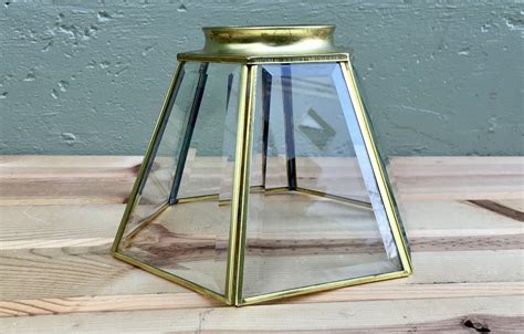 Antique Mid Century 6 Sided Brass And Clear Beveled Glass Tiffany Style Light Shade Vintage