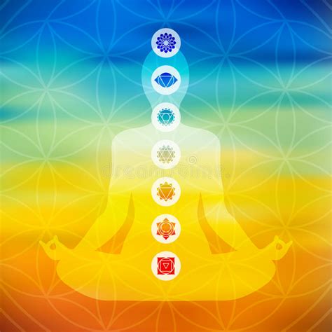 Farbe Chakra Ikonen Mit Dem Schattenbild Das Yoga Tut Vektor Abbildung