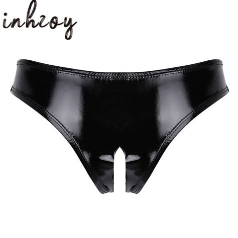 Inhzoy Women Lingerie Wet Look Black Patent Leather Open Crotch High