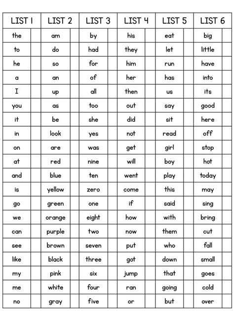 First Grade Sight Words List Printable