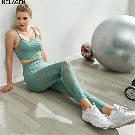Nclagen Gym Running Women Yoga Suit Sexy Mesh Two Piece Set Sport