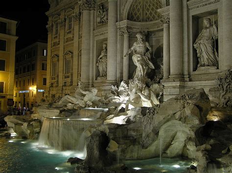 Water Lights Home The Evening Fountain Sculpture Italy Rome Trevi Hd Wallpaper