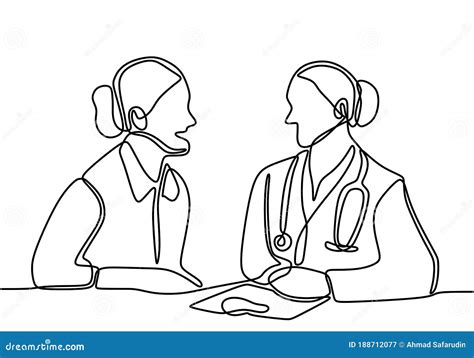 Continuous Vector Line Drawing Of Doctor And Nurse Doctors Discuss