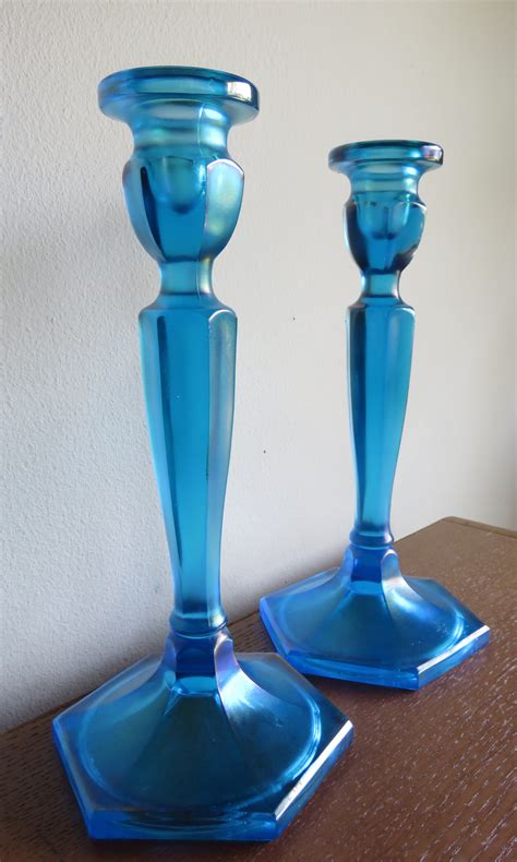 Fenton 449 Colonial Celeste Blue Stretch Glass Candle Holders 8 5 C 1917 1930s Ebay