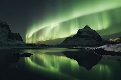 Aurora Borealis On The Norway Green Northern Lights Above Mountains Night Sky With Polar