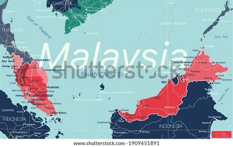 Malaysia Country Detailed Editable Map Regions Stock Vector Royalty