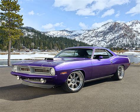 1970 Plymouth Hemi Cuda Purple 34 Front View On Pavement By Snow