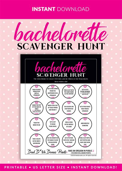 Bachelorette Party Scavenger Hunt Instant Download Printable Game