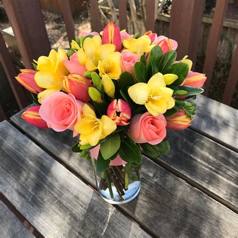 Flower Bouquet In A Glass Vase With Fresh Bright Colors Fresh