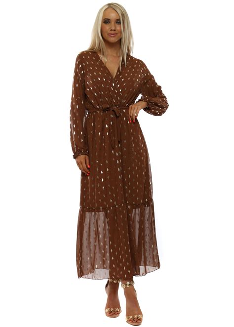 Brown Long Sleeve Chiffon Maxi Dress | Designer Desirables