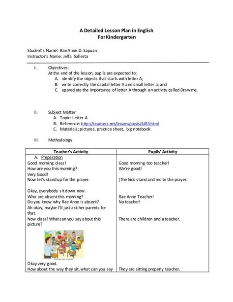 A Detailed Lesson Plan In English For Kindergarten Students Name Rae