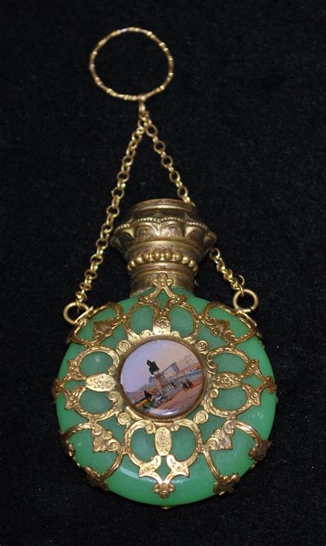 Antique French 19th Century Eglomise Green Opaline Scent Chatelaine Perfume Bottle Chatelaine