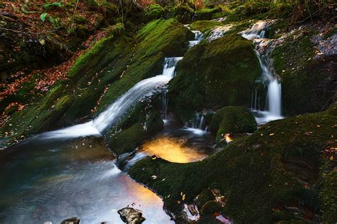 Waterfall Between Algae Covered Rock During Daytime 4k Uploaded At