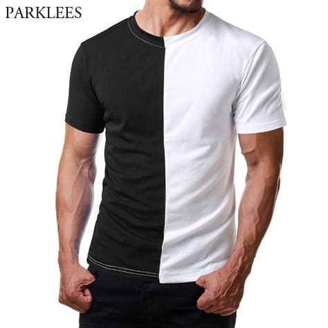 men black white patchwork t shirt 2018 brand o neck short sleeve t shirt male casual hip hop tee