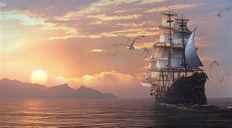 Hd Wallpaper Sailing Ship Wallpaper Sea Sunset Sailboat Dragons