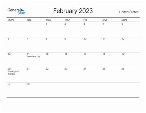 Printable February 2023 Monthly Calendar With Holidays For United States