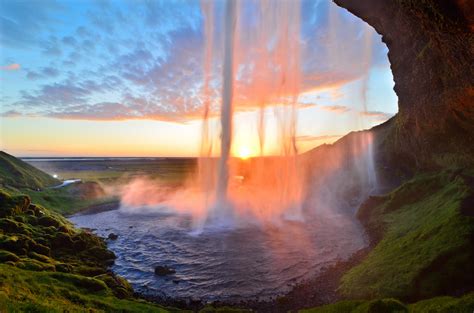 Download Waterfall Sunrise Sunset Iceland Nature Seljalandsfoss Hd