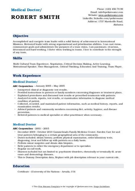 Doctor curriculum vitae template 9 free word pdf document. Medical Doctor Resume Samples | QwikResume