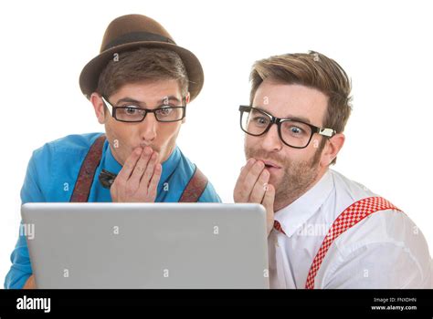 Funny Computer Nerds Looking At Laptop Stock Photo Alamy