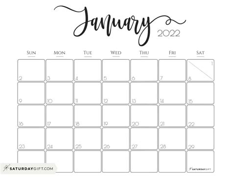 Cute And Free Printable January 2022 Calendar Saturdayt