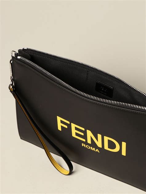 Fendi Leather Clutch Bag With Logo Bags Fendi Men Black Bags Fendi