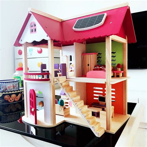 553752cm Kids Wooden Doll House Pretend Toy Wooden Doll Villa With