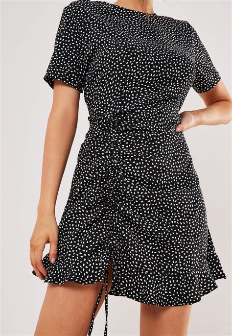Black Dalmatian Print Ruched Side Tea Dress Missguided