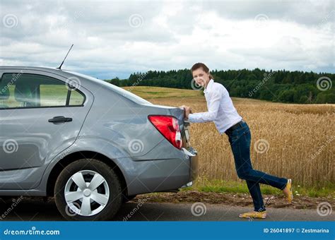 Attractive Girl Pushing Her Car Stopped Stock Image Image Of Metal
