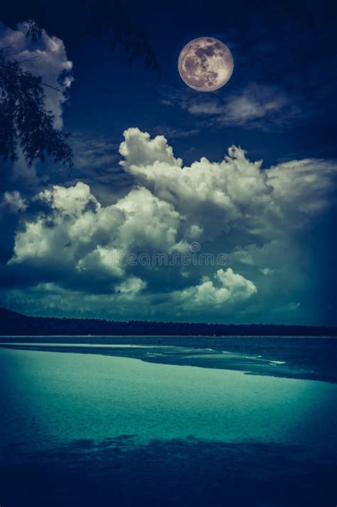 Landscape Of Sky With Full Moon On Seascape To Night Serenity Nature