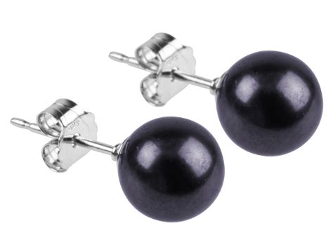 Sterling Silver 7 75mm Round Black Pearl Stud Earrings
