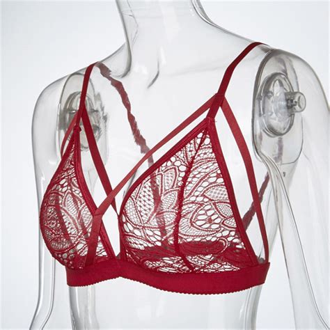 Sexy Red Strappy See Through Hollow Out Floral Lace Lingerie Bra N16456