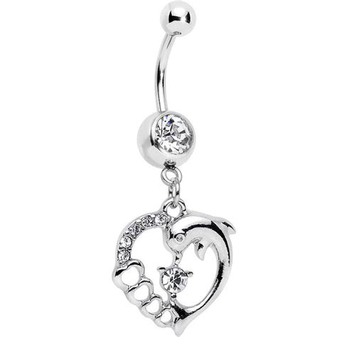 Clear Gem Complete Heart Dolphin Dangle Belly Ring Bodycandy