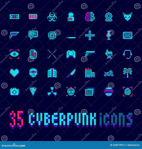 Cyberpunk Pixel Art Vector Icons Set Stock Vector Illustration Of