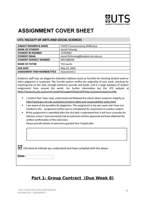 Communicating Difference Assignment Cover Sheet Uts Faculty Of