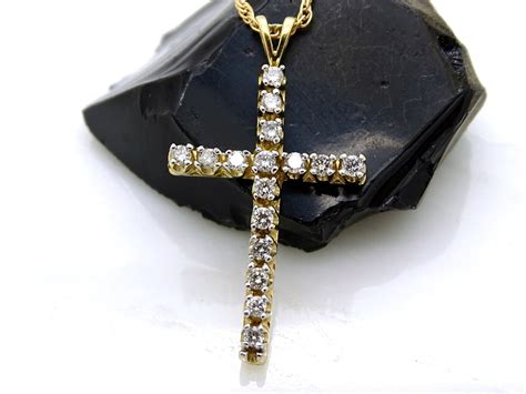 Gold Diamond Cross Pendant Real Gold Cross Necklace Womens Etsy