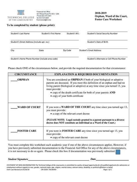 Fillable Online 2018 2019 Foster Care Worksheet To Be Completed By