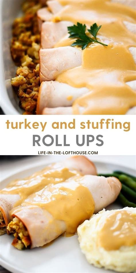 Two Pictures Of Turkey And Stuffing Roll Ups With Mashed Potatoes Green Beans And Gravy