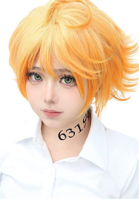C Zofek The Promised Neverland Emma Cosplay Wig Curly Short Orange Hair With Two