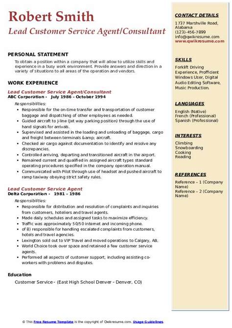 Lead Customer Service Agent Resume Samples Qwikresume