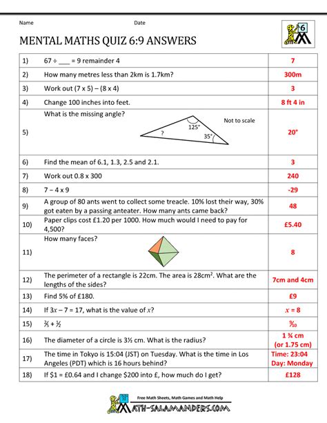 Find the father's present ages. Mental Maths Tests Year 6 Worksheets
