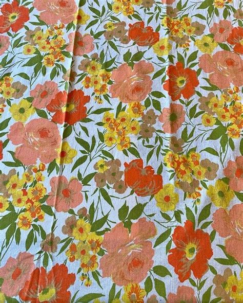 Retro Orange Pink Yellow Flower Floral Vintage Cotton Fabric Etsy