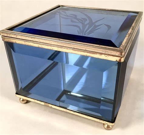 Small Hinged Blue Glass And Brass Keepsake Box Jewelry Presentation Display Box Etched Floral