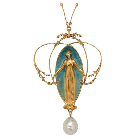 Important Rene Lalique Art Nouveau Enamel Gold Pearl Pendant For Sale