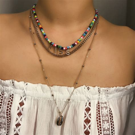 wholesale women fashion pendant necklaces handmade bohemian letter colorful beads shell multi