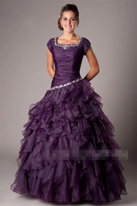 Fuchsia Ball Gown Long Modest Prom Dresses With Cap Sleeves Beaded