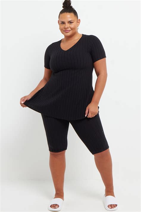 plus size black ribbed co ord two piece lounge set with top and cycling shorts praslin clothing