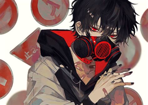 Source material scenes/info that were left out of the anime are still spoilers. Wallpaper : road sign, gas masks, hoods, bandage, red eyes, black hair, black nails, collar ...